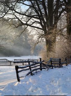 a snow covered field with a fence and trees