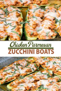 chicken parmesan zucchini boats are stuffed with cheese and spinach leaves