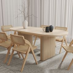 a table with chairs and vase on it in front of a curtained room wall