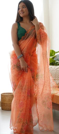 Orange color Saree in Organza Silk, Silk fabric with Digital Print, Floral, Sequence work Printed Organza, Floral Saree, Orange Saree, Simple Sarees, Wedding Blouse, Organza Sarees, Lehenga Collection, Green Saree, Orange Blouse