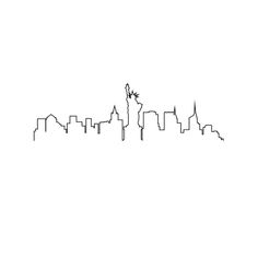 a black and white drawing of the statue of liberty on top of a city skyline