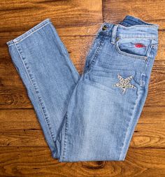 Tommy Hilfiger * Size 6 (30 x 30) * Denim * Light Blue * Star Sequins * Jeans. The jeans are in MINT condition with NO tears or stains on the fabric  Details:  1.) Waist: 30" inches  2.) Inseam: 30" inches  3.) Leg opening: 7" inches 4.) Front rise: 7" in.  5.) Thigh: 20" in.  6.) Hip: 36" in.  7.) 99% Cotton; 1% Lycra   8.) Machine Wash  9.) Belt loop  10.) Zipper & button closure  11.) 2 front & 2 back pockets  Thanks for looking Medium Wash Cotton Jeans With Star Print, Embroidered Light Wash Denim Jeans, Medium Wash Star Print Cotton Jeans, Embroidered Straight Leg Denim Jeans, Blue Denim Jeans With Star Patch, Denim Blue Star Print Jeans, High Rise Denim Blue Jeans With Star Print, Denim Blue Jeans With Star Print, High Rise Star Print Cotton Jeans