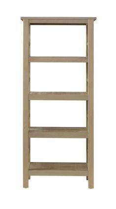 a wooden shelf with three shelves on each side and one shelf above the other, against a white background