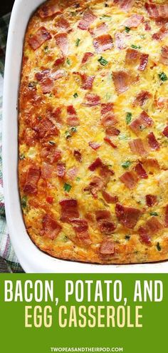 bacon, potato, and egg casserole in a white dish with text overlay