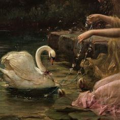 a painting of a swan being chained to a stone wall by a woman in a pink dress