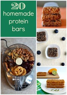 the cover of 20 homemade protein bars with pictures of different foods and ingredients in them