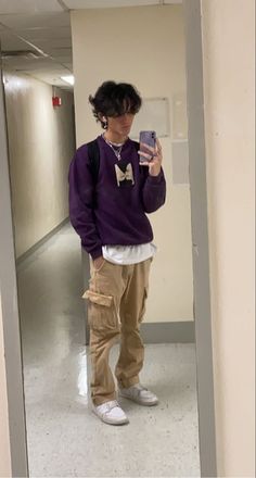 fashion mensfashion outfits fits streetwear skater boy indie vintage crewneck purple Purple Outfits Men Street, Man Purple Outfit, Purple Clothing Men, Teens Outfits Boys, Purple Fashion Men, Purple Outfit Ideas Men, Outfit Streetwear Boy, Men’s Purple Outfit, Purple Outfits For Men