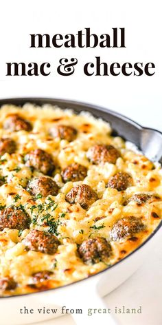 meatball macaroni and cheese in a skillet with the title overlay