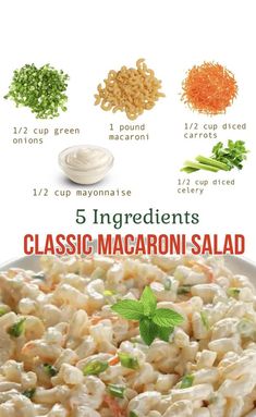 the ingredients for macaroni salad are shown in this recipe poster, which shows how to make macaroni salad