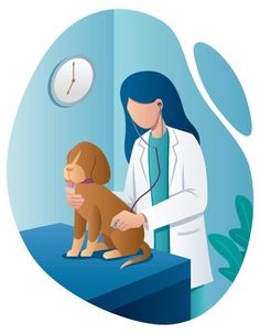 a woman in a white lab coat holding a brown dog on a blue platform next to a clock