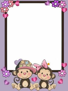 two monkeys are sitting next to each other with hearts and flowers around them, in front of an empty frame