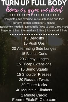 the full body workout plan is shown with instructions for how to do it and what to use