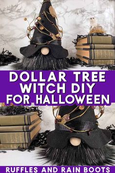 three witches hats made out of books with text overlay that reads dollar tree witch diy for halloween ruffles and rain boots