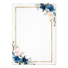 a white card with blue and pink flowers on the front, and gold border around it