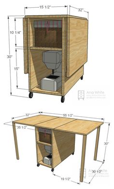 the plans for an office desk with storage compartment and shelf on wheels, are shown