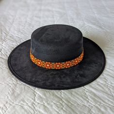 Black Felt Hat With Orange And Yellow Handwoven Beaded Band. New, Never Worn, But No Tag. Each Band Takes An Average Of 15 Hours To Make Depending On The Design And Size Of The Art. Black Felt Hat, Beaded Hat Bands, Hat Bands, Beaded Hat, Black Felt, Orange And Yellow, Black Hat, Felt Hat, Hat Band