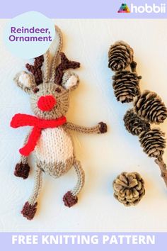 two knitted reindeers and pine cones on a white surface with the text reindeer ornament free knitting pattern