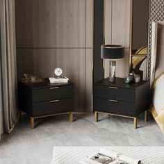 a bedroom with two black nightstands next to each other on top of a bed