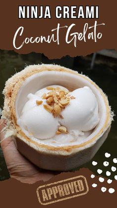 a person holding up a coconut gelato with nuts in it and the words ninja creami