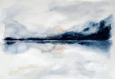 an abstract painting with watercolors and ink on paper, showing the reflection of clouds in the water