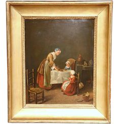 an oil painting of two women and a child sitting at a table