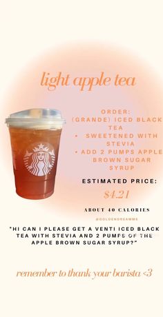 #starbucks #starbucksdrinkideas #lightappletea #tea #apple #appletea #starbuckstea #starbucksappletea #starbuckslightappletea Starbucks Fall Drinks, Starbucks Order