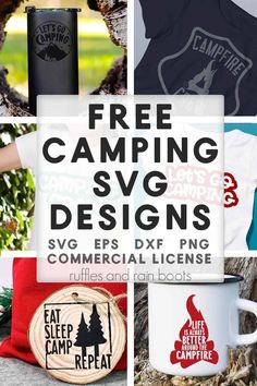 a collage of camp related items including coffee mugs and t - shirts with the words free camping svg designs on them