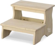 a wooden step stool sitting on top of a white floor