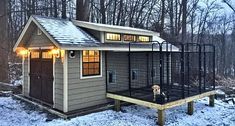 a small house in the woods with a dog on it's porch and lights on