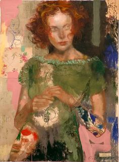 a painting of a woman with red hair and green dress holding an object in her hands