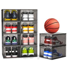 a basketball sitting on top of a shoe rack next to a pair of sneakers and a ball