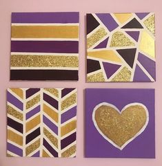 four pieces of paper with gold foil on them and some purple, yellow and white designs