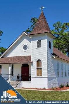 White Church with Steeple Owens Corning Shingles, Roofing Business, Roofing Estimate, Shingle Roof, Shingle Colors, Roof Inspection, Asphalt Roof Shingles, Residential Roofing, Roofing Company