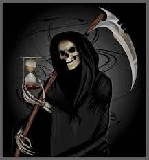 a grimy skeleton holding an hourglass in his hand and wearing a black robe