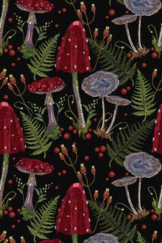 a black background with red mushrooms and ferns