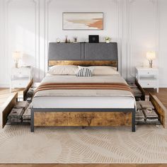 a large bed sitting on top of a wooden floor