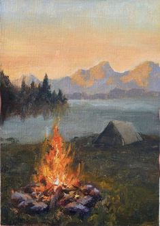 an oil painting of a campfire with mountains in the background