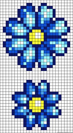 a cross stitch pattern with blue and yellow flowers on the front, in two rows