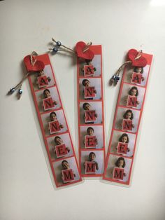 two bookmarks with pictures of people on them and the words mr and mrs are attached to strings