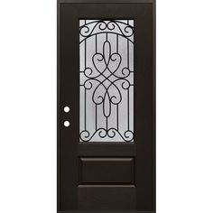 a black door with glass and wrought iron