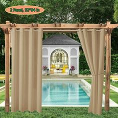 an outdoor gazebo with curtains over it next to a swimming pool and garden furniture