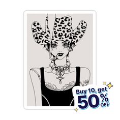 a sticker with an image of a woman wearing leopard hair