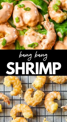 shrimp with sauce and spinach leaves on a cooling rack next to the words, bang bang shrimp shrimp