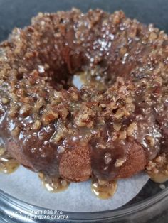 a chocolate cake with walnuts on top in a plastic container, ready to be eaten