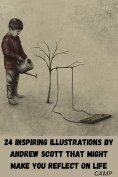 a drawing of a young boy watering the ground next to a tree with an upside down pot