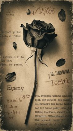 a black and white photo of a rose on an old paper with words written below it