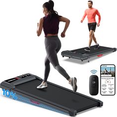 a woman is running on a treadmill with an appliance and remote controls