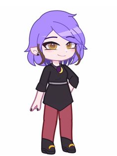 an anime character with purple hair and brown eyes, wearing black shirt and red pants