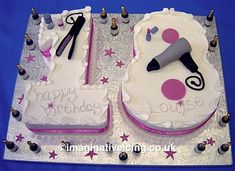 two birthday cakes decorated with pink and white icing