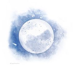 an abstract painting of the moon in blue and white with watercolor paint splatters